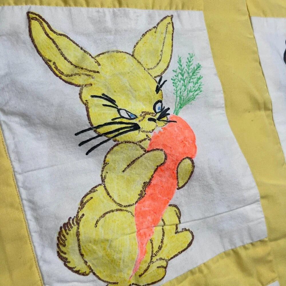 Vintage Handmade Quilt Hand Painted Animals Elephant Tiger Bunny Squirrel Yellow